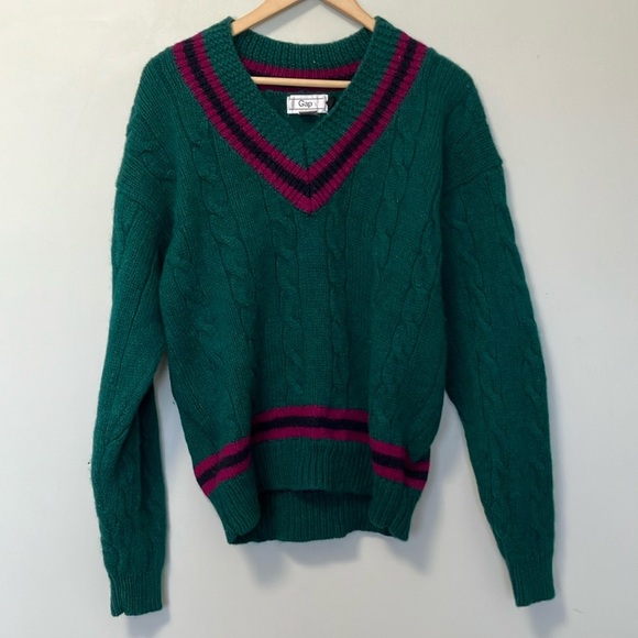 GAP Green V-Neck Cable Knit Varsity Sweater - Picture 1 of 6
